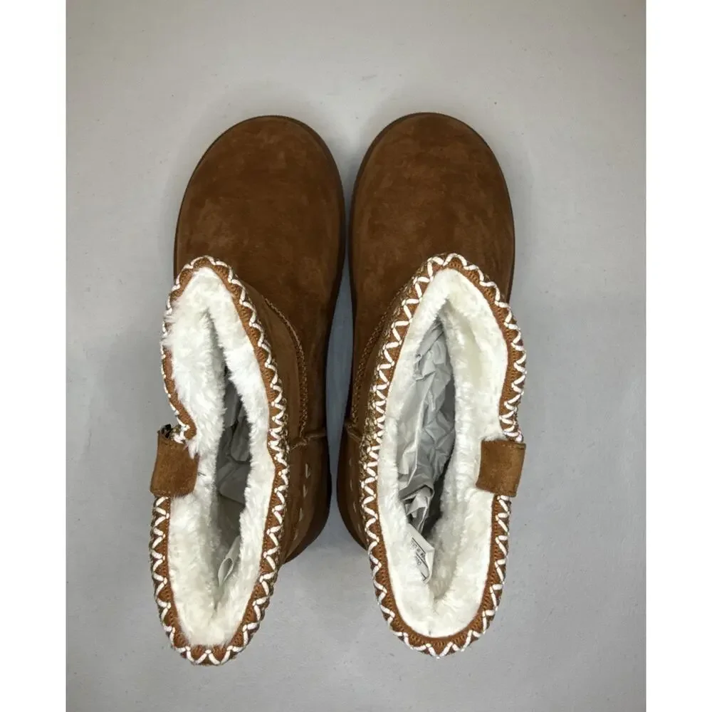 Women’s Suede Ankle Booties Chestnut Brown Faux Fur Platform Winter Size 9